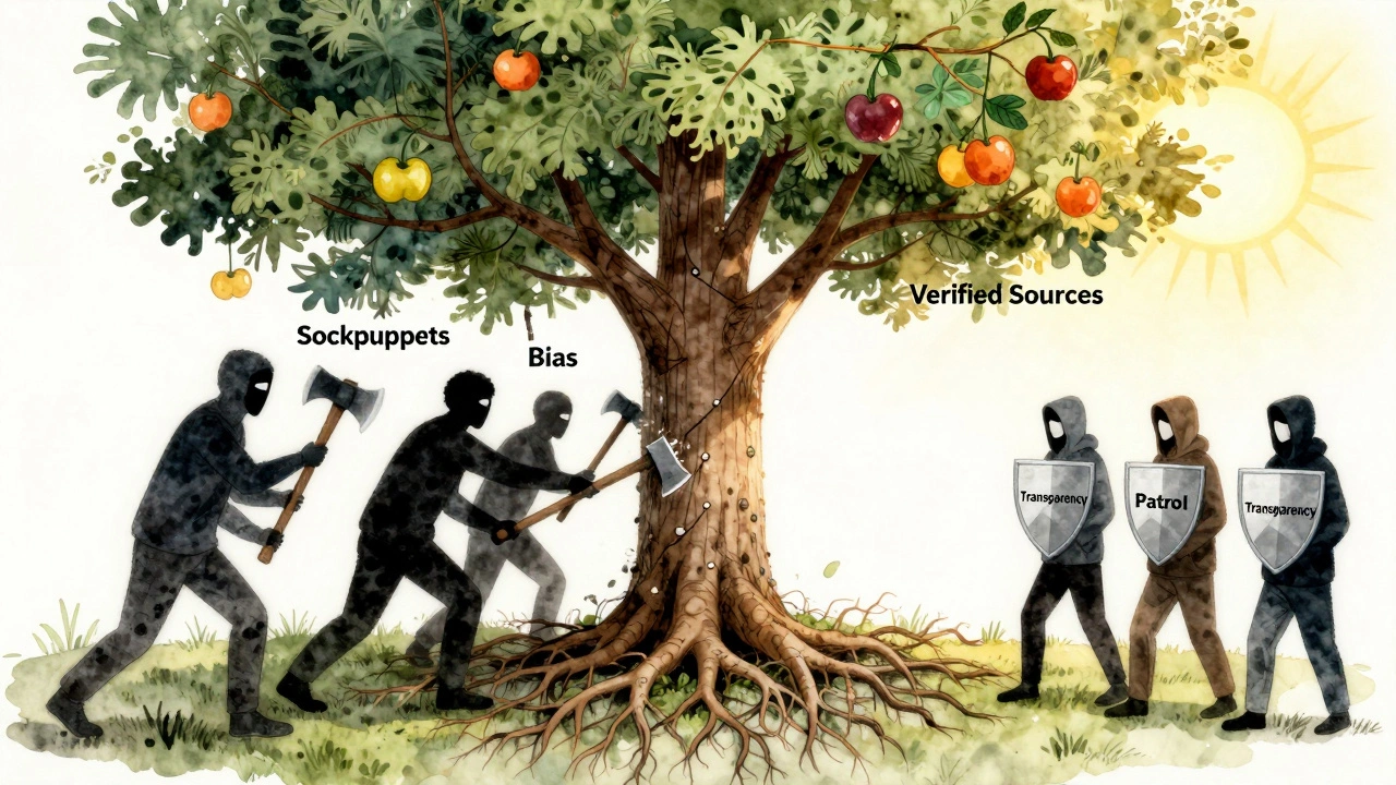 Tree of knowledge with citation roots, volunteers defending against shadowy manipulators, symbolic illustration.