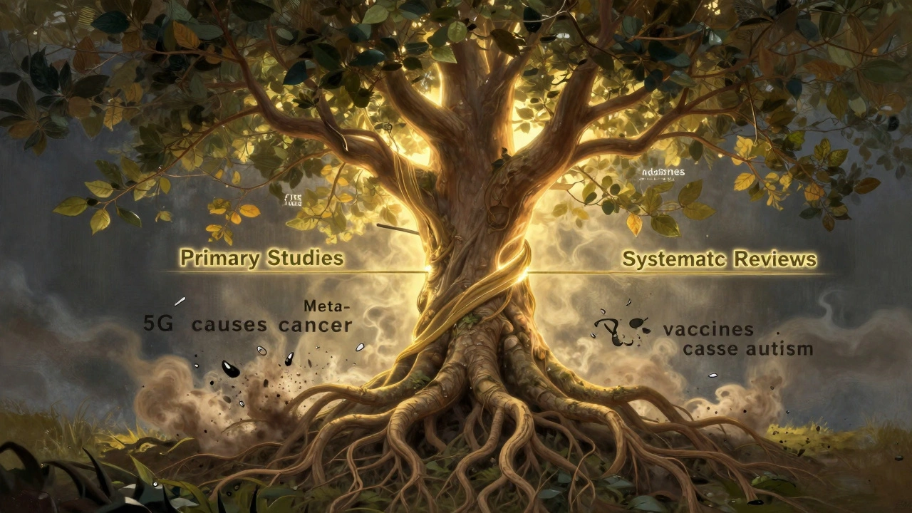 Tree with roots of primary studies and branches of meta-analyses, crushing misinformation at its base.