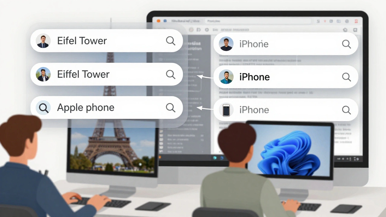 User typing search terms that instantly redirect to correct Wikipedia articles with visual trails.