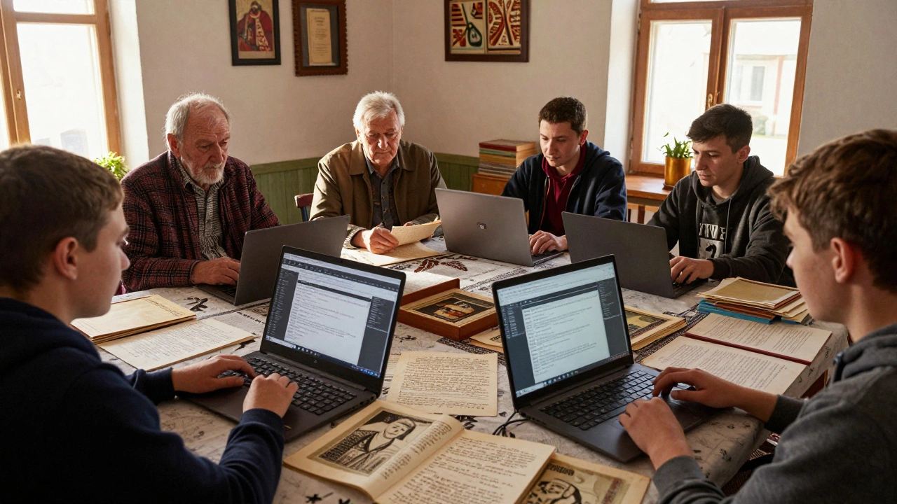 Villagers in Moldova working together on Wikipedia edits with historic music recordings and handwritten notes.