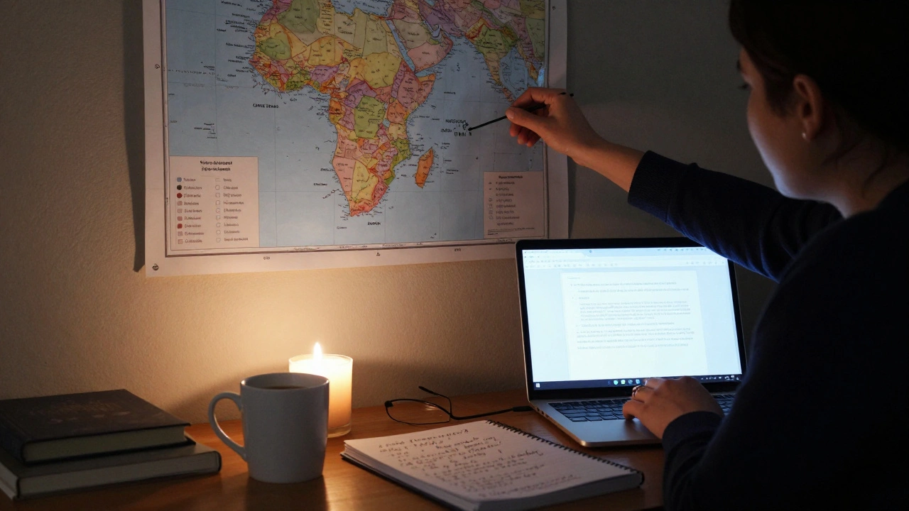 Volunteer adding interlanguage links in a quiet room with maps of missing Wikipedia content.