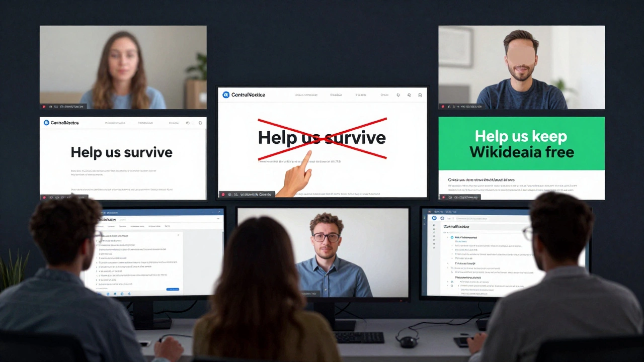 Volunteer editors reviewing banner proposals on multiple screens in a virtual meeting.