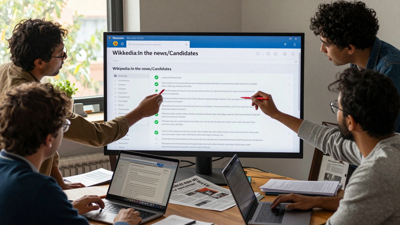 Volunteer editors reviewing news candidates on a digital screen with reliable sources around them.