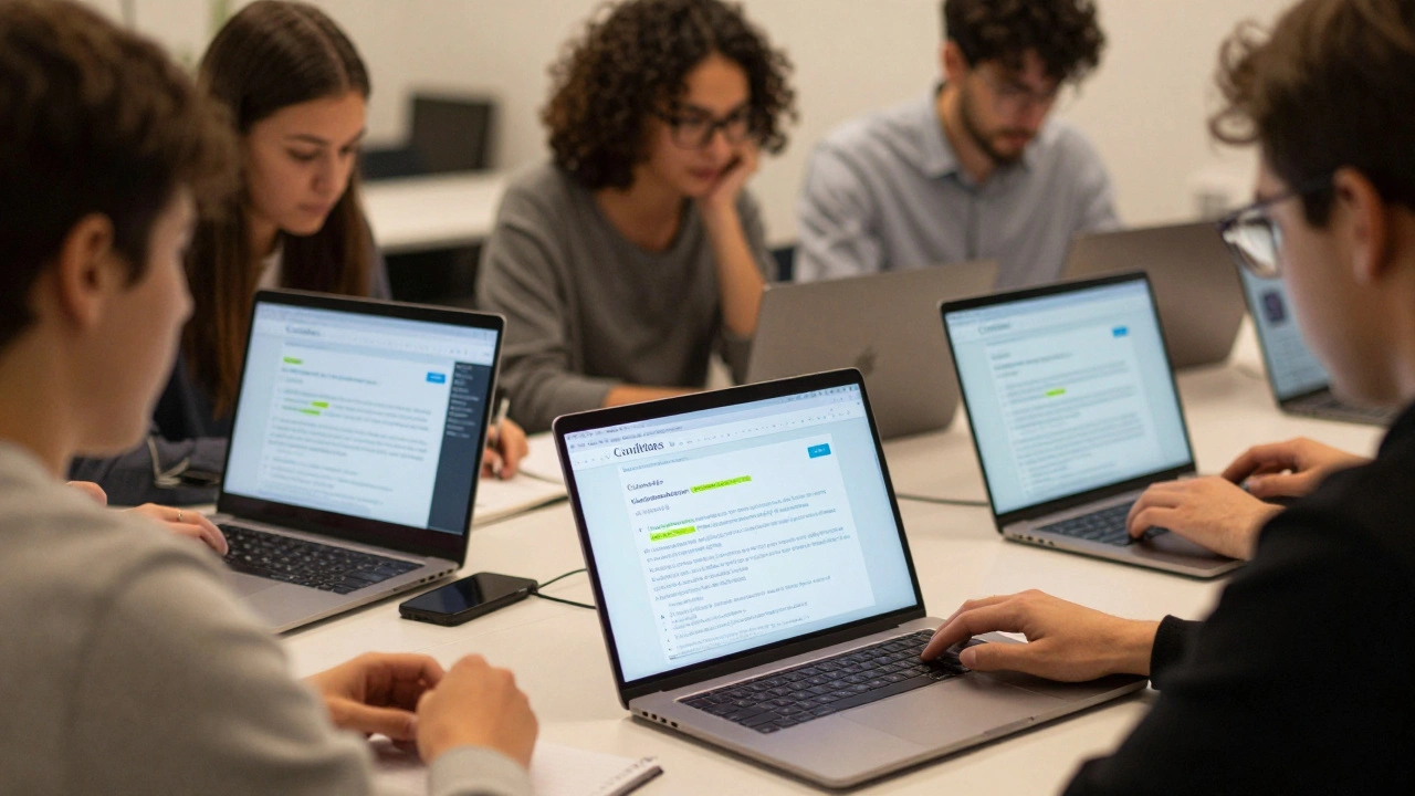 Volunteer editors reviewing Wikipedia In the News nominations on laptops in a quiet room.