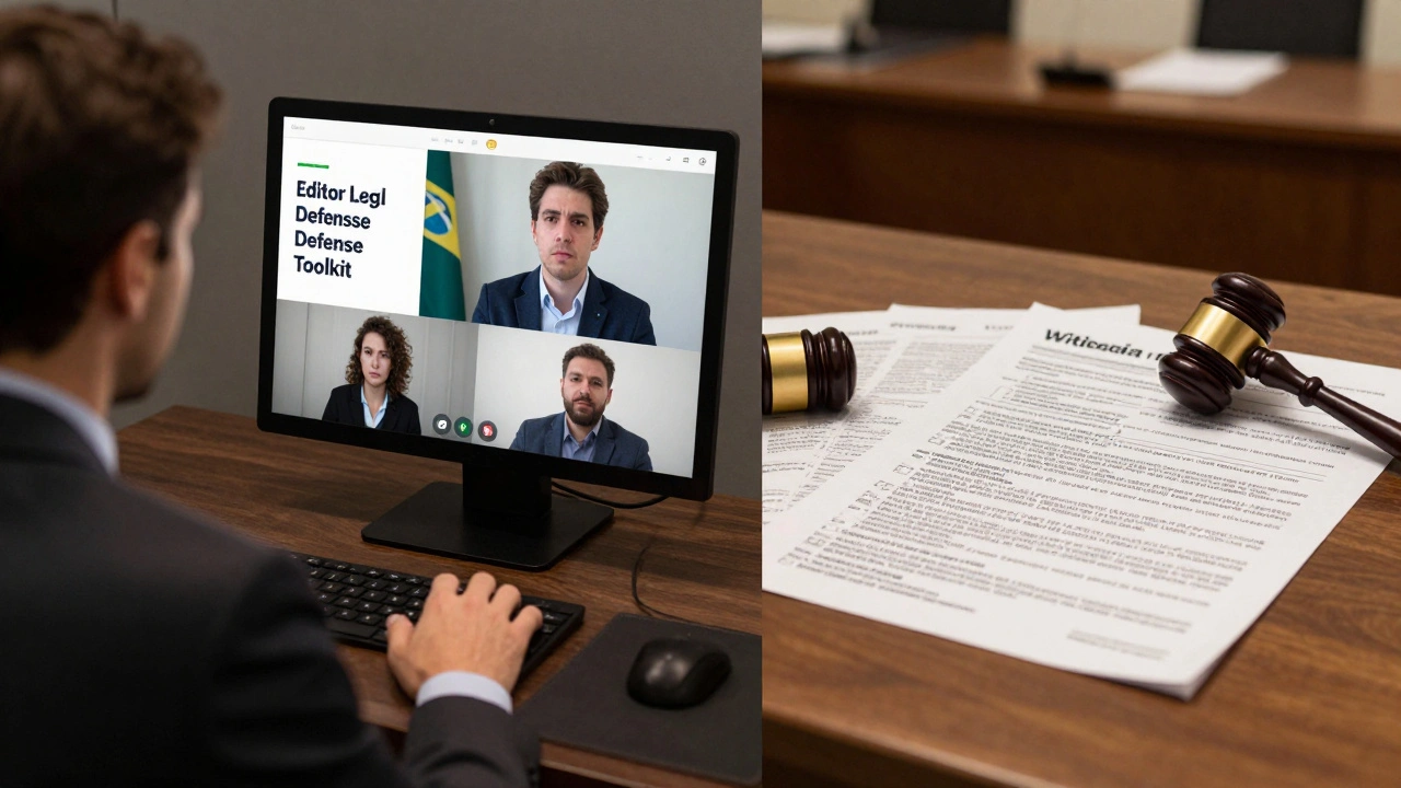 Volunteer lawyer advising a Wikipedia editor via video call, with courtroom and edit history in background.