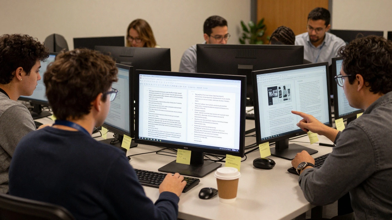 Volunteer reviewers examining Wikipedia edits with source citations on multiple screens in a quiet room.