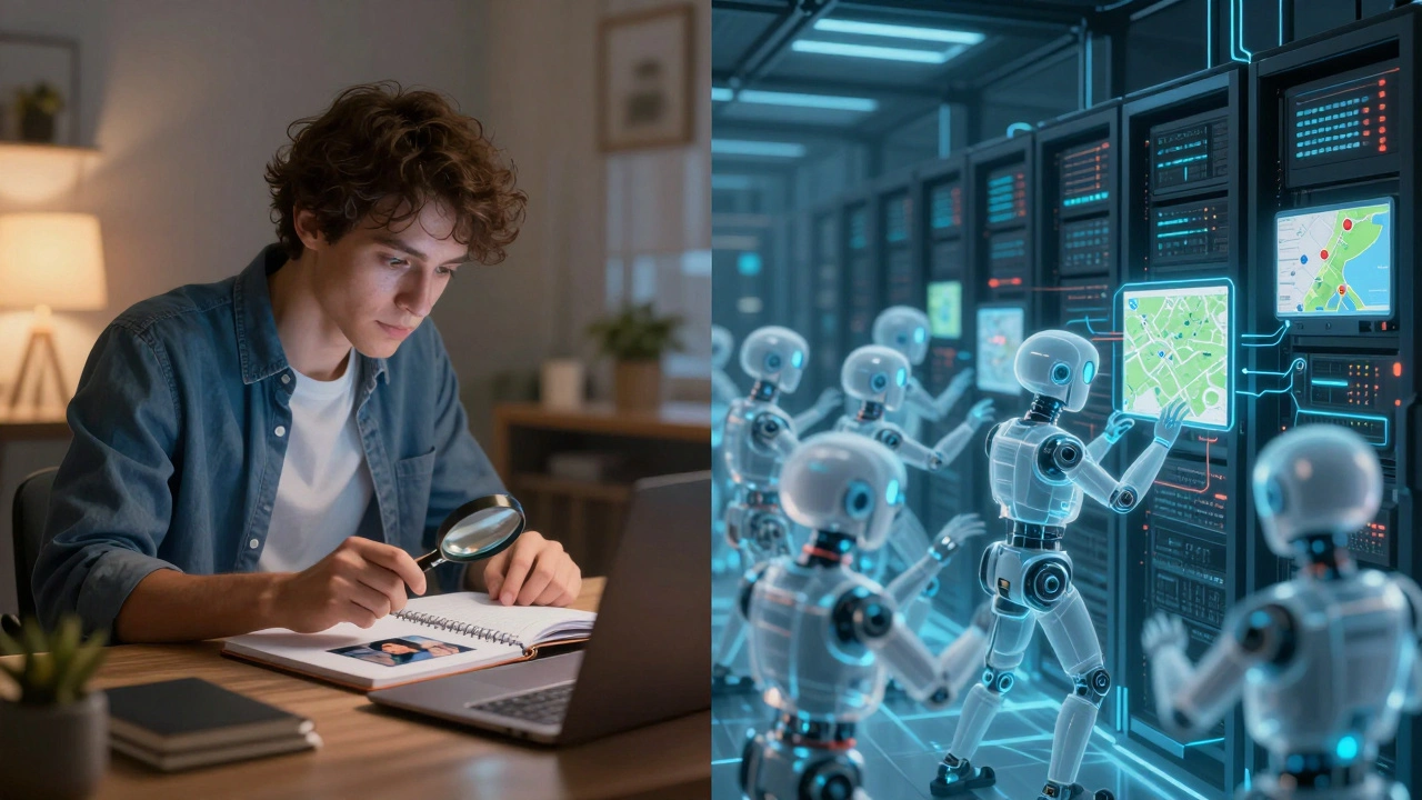 Volunteer tagging a photo manually while bots automatically process hundreds of images in a server room.