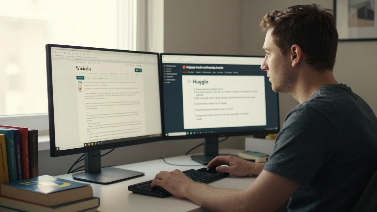 Volunteer using Huggle on a desktop with dual monitors, focused on detecting vandalism during morning hours.