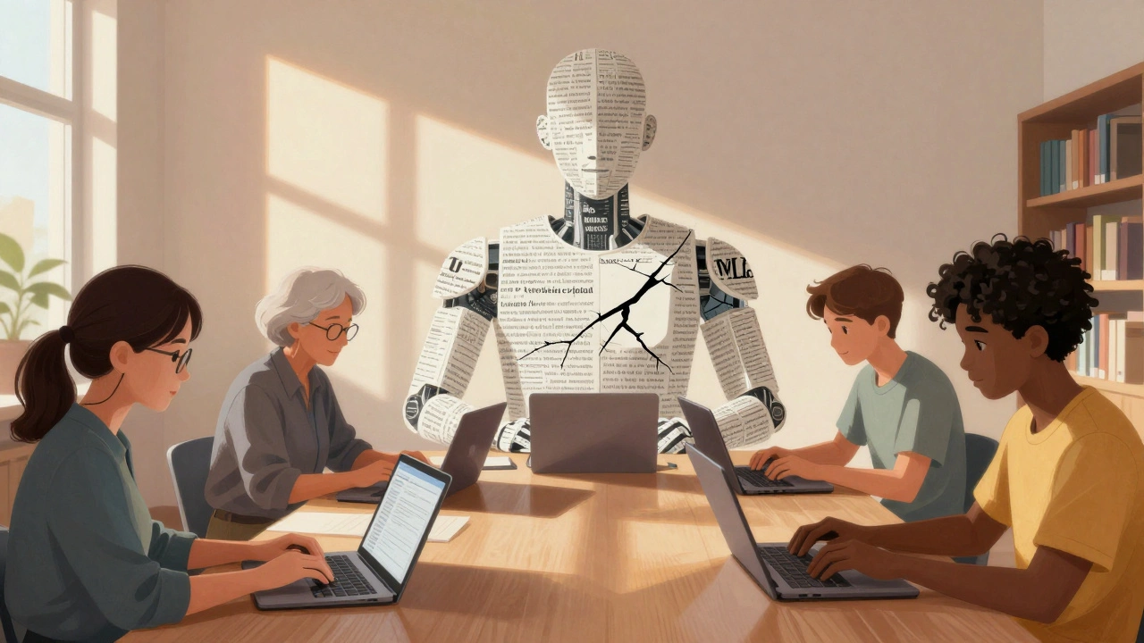 Volunteer Wikipedia editors working in a sunlit room, their shadows forming an AI model missing attribution.