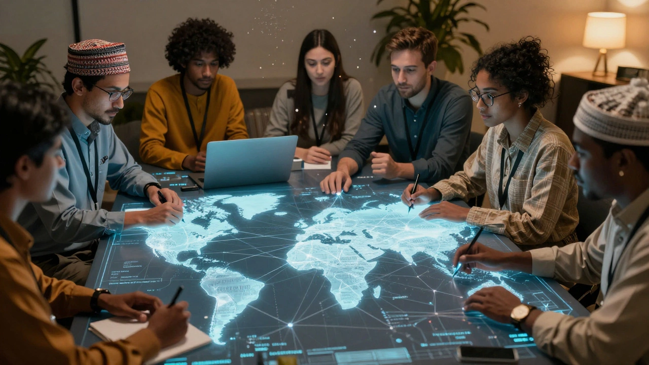 Volunteers from around the world collaboratively editing interlanguage links on a holographic table.