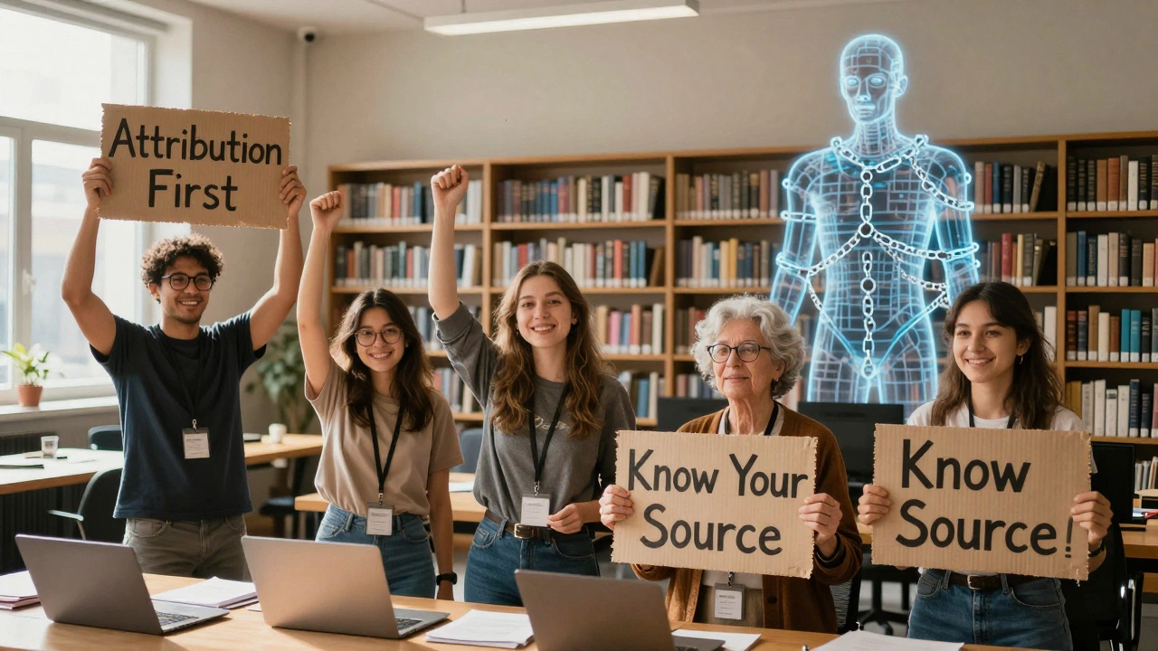 Volunteers stand together demanding attribution for open knowledge in a library.