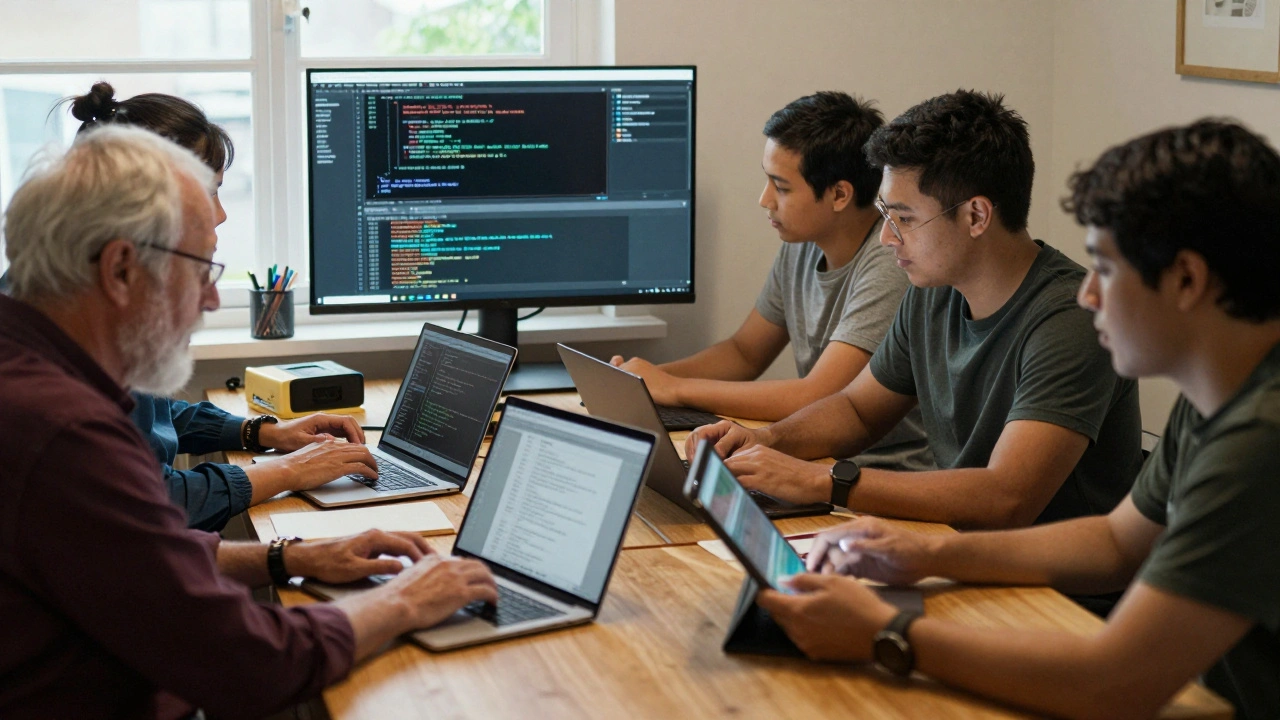 Volunteers working at laptops, with a monitor showing real-time server metrics in the background.