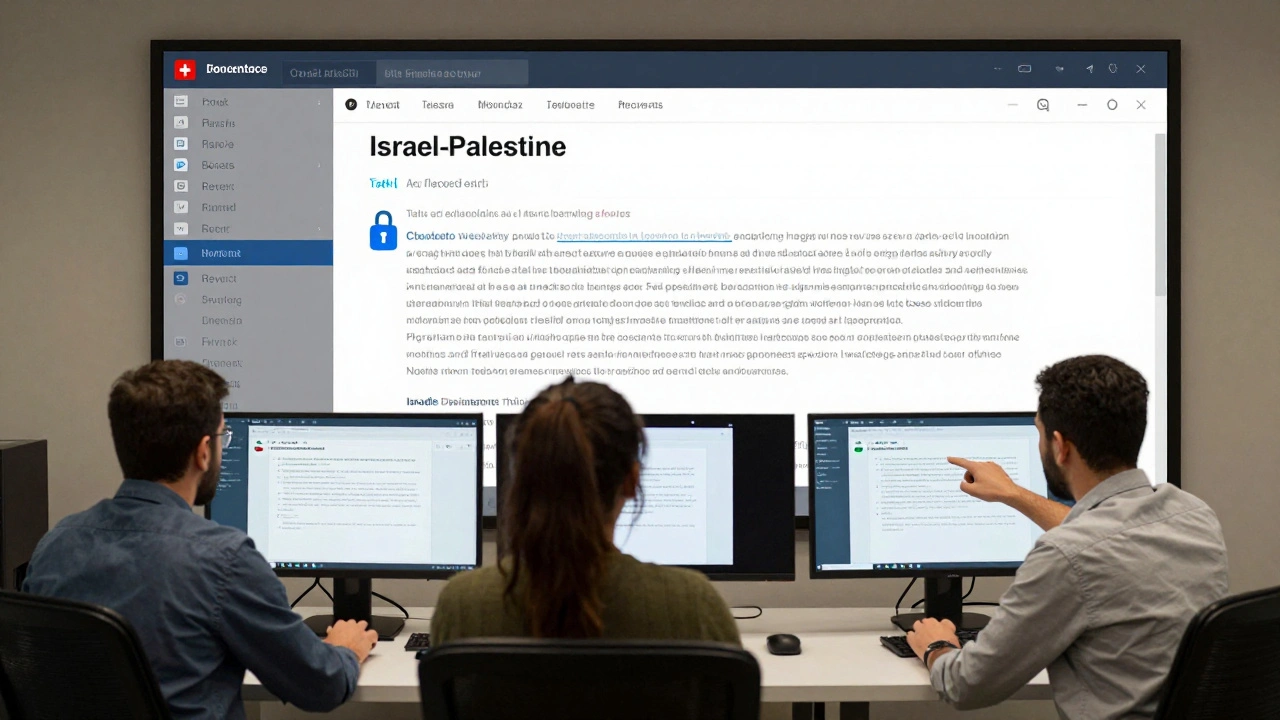 Wikipedia administrators reviewing edit wars on monitors, talk pages with sources visible, calm professional setting.