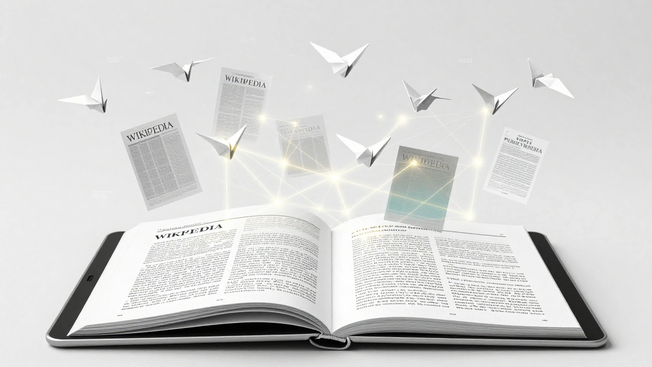 Wikipedia article with floating academic citations rising into a network of verified sources.