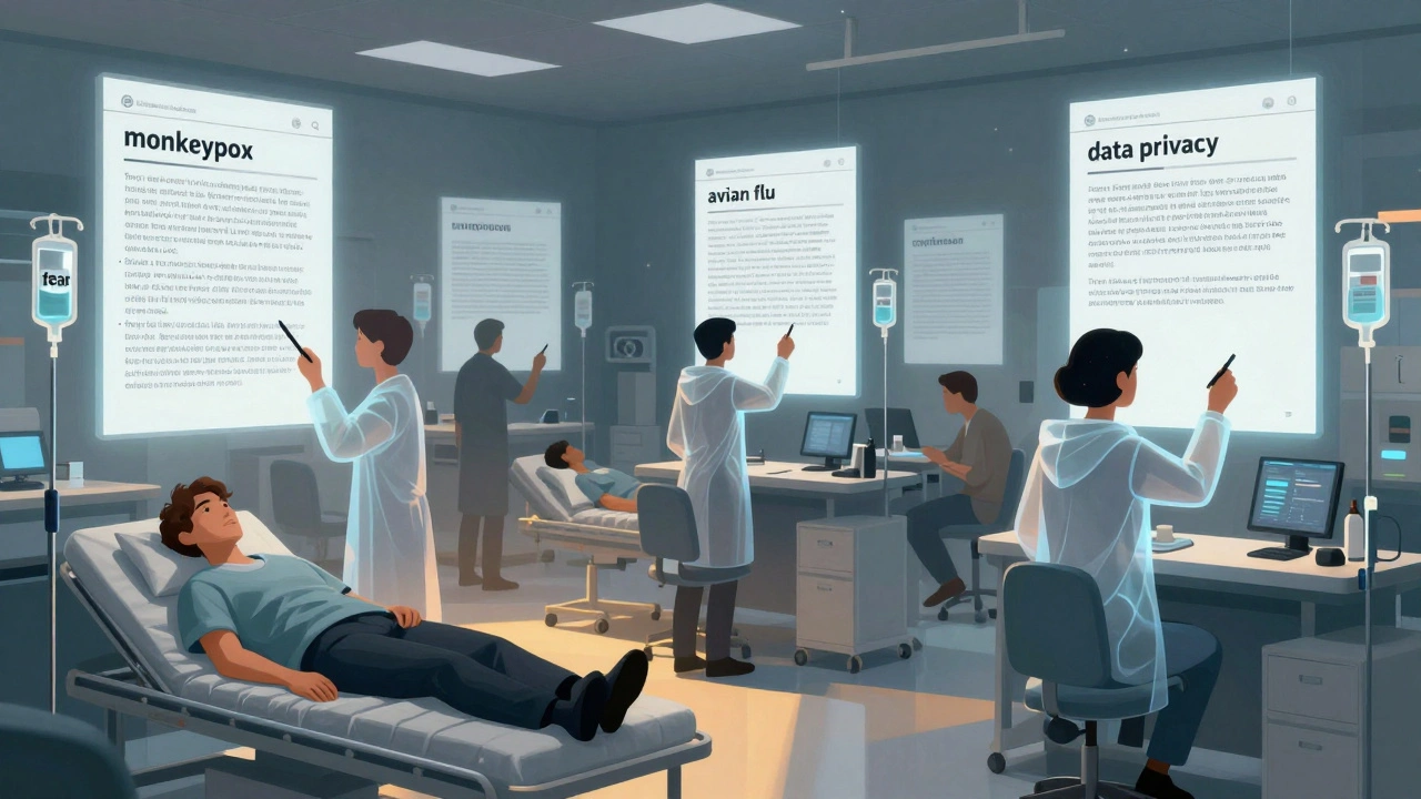 Wikipedia articles floating like medical IVs above patients in a digital emergency room, editors repairing them.