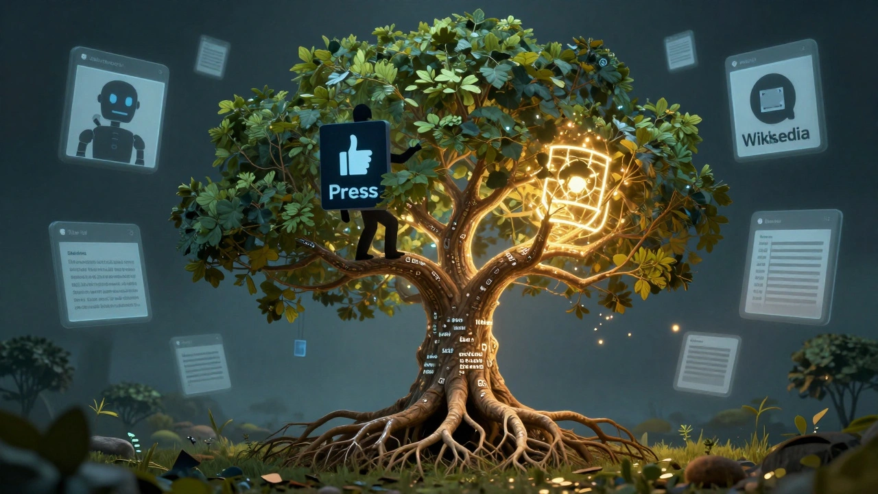 Wikipedia as a glowing tree with edit histories as roots, one branch being hacked while another self-repairs with golden light.