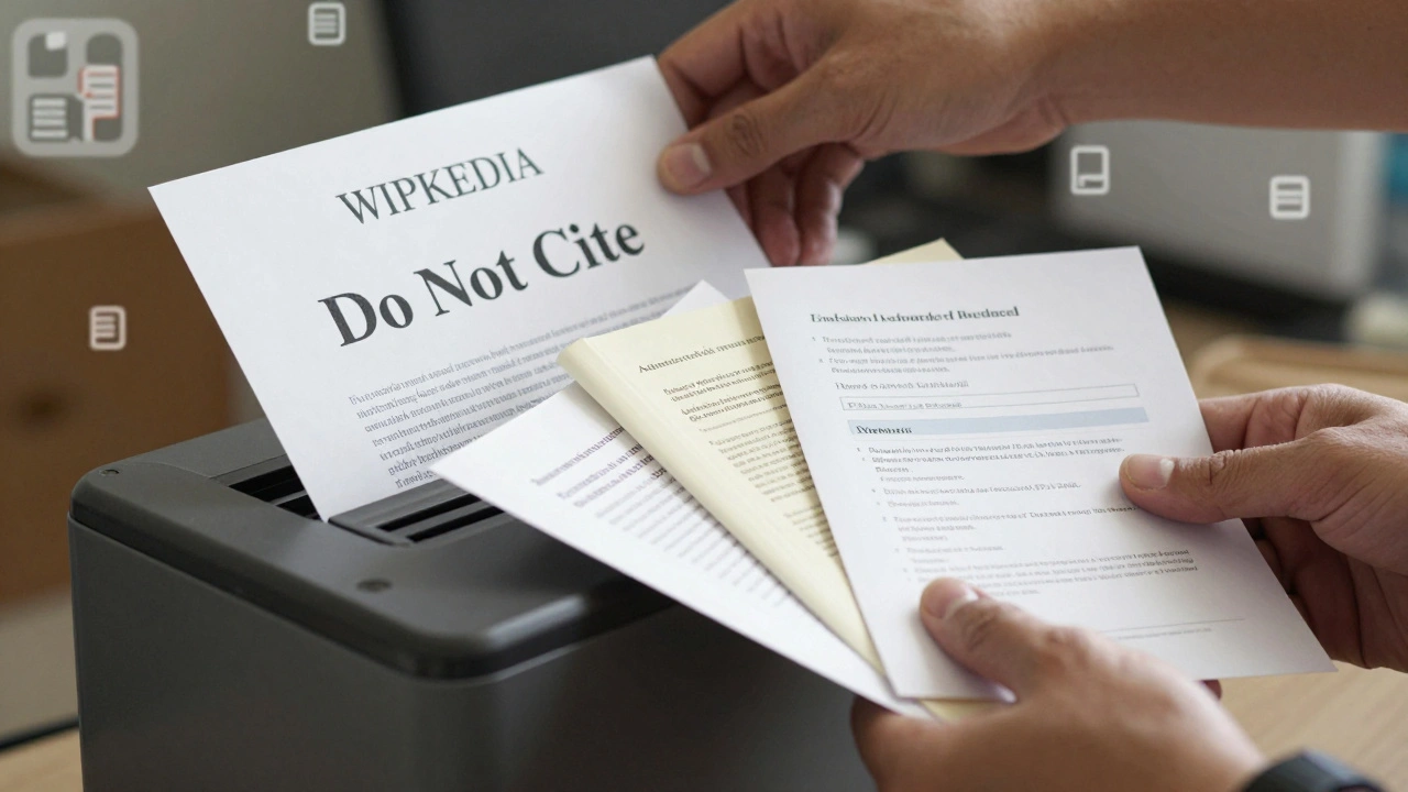 Wikipedia being discarded while academic sources are extracted into a reference manager.