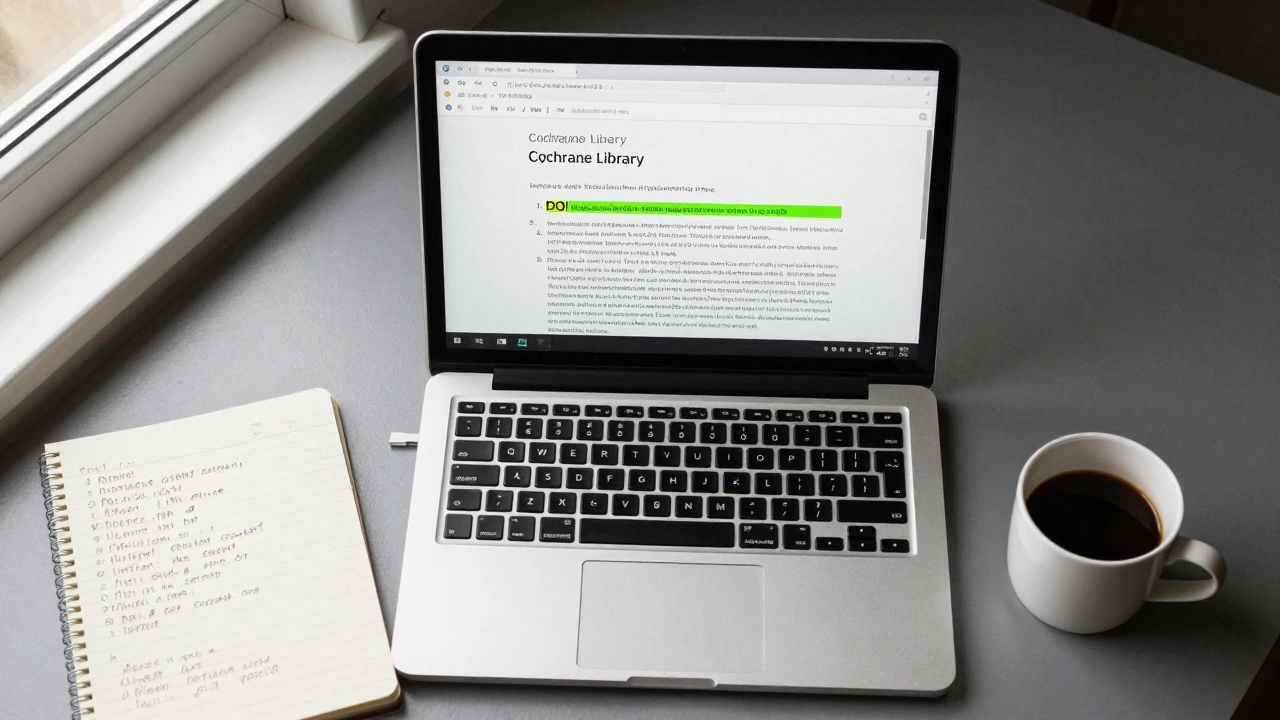 Wikipedia editor's desk with open laptop showing a Cochrane review and handwritten citation notes.