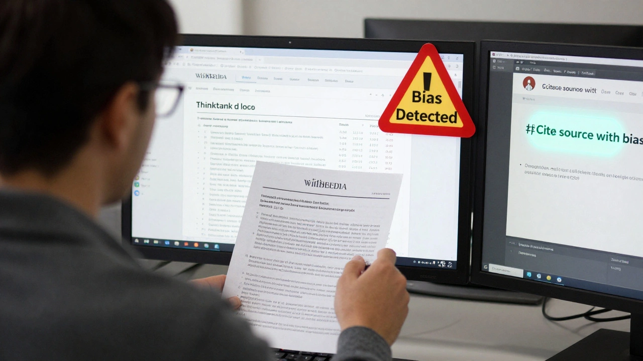Wikipedia editor verifying a think tank claim against official data sources with a bias warning visible.