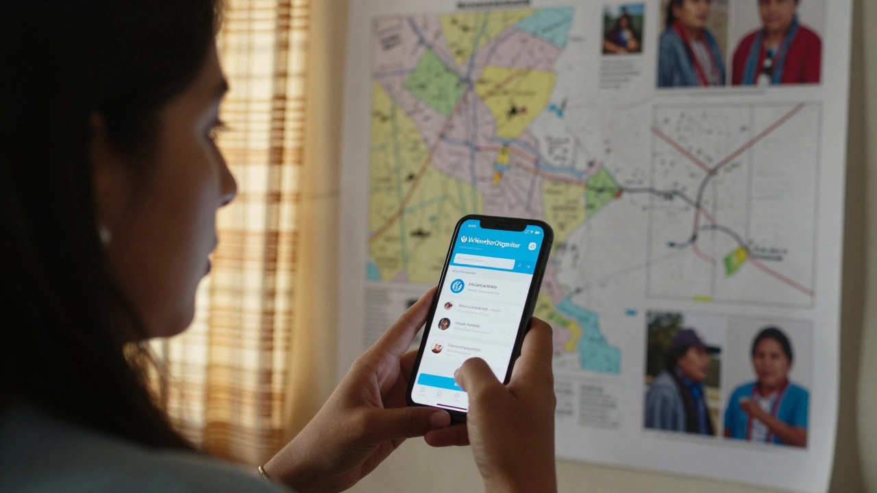 Woman in Oaxaca using smartphone to start a Wikimedia campaign with cultural images in background.