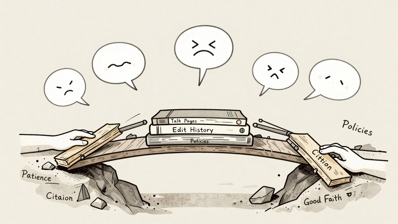 A bridge made of Wikipedia policies being repaired with symbols of patience and citation.