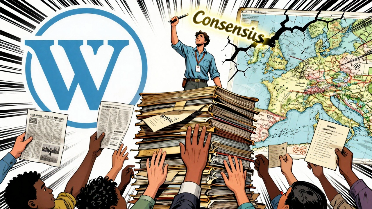 A comic book-style hero stands on outdated maps, holding a pen labeled 'Consensus' as diverse hands offer official documents from around the world.