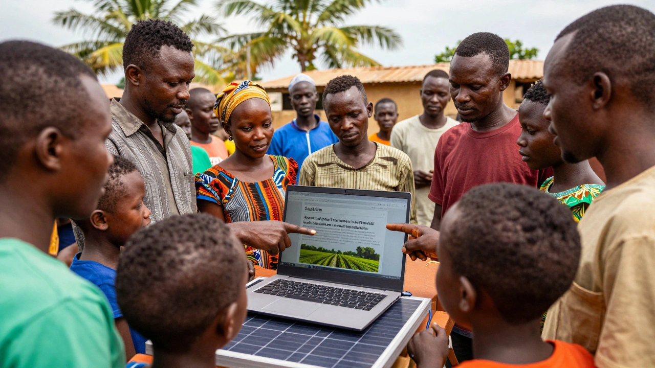 A community gathers around a solar-powered laptop at an outdoor Wikipedia knowledge café in Ghana.