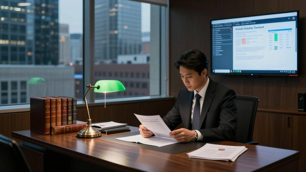 A corporate editor in a formal office reviews an encyclopedia entry under a green lamp, surrounded by legal documents and company branding.