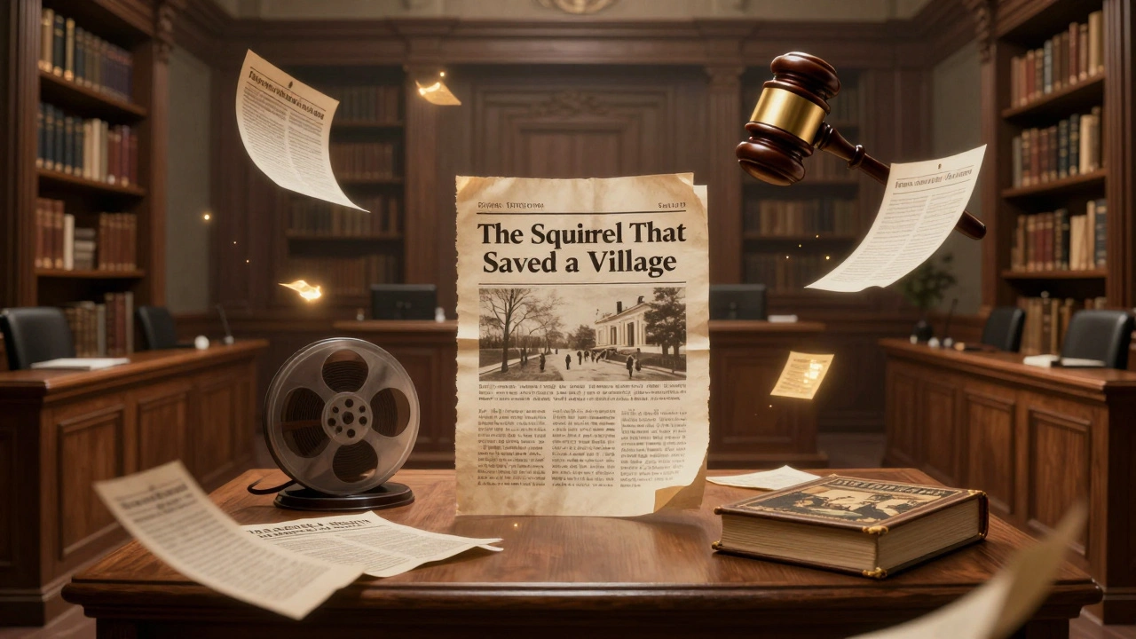 A courtroom of floating sources and documents surrounding an article about a squirrel, lit by ethereal light.