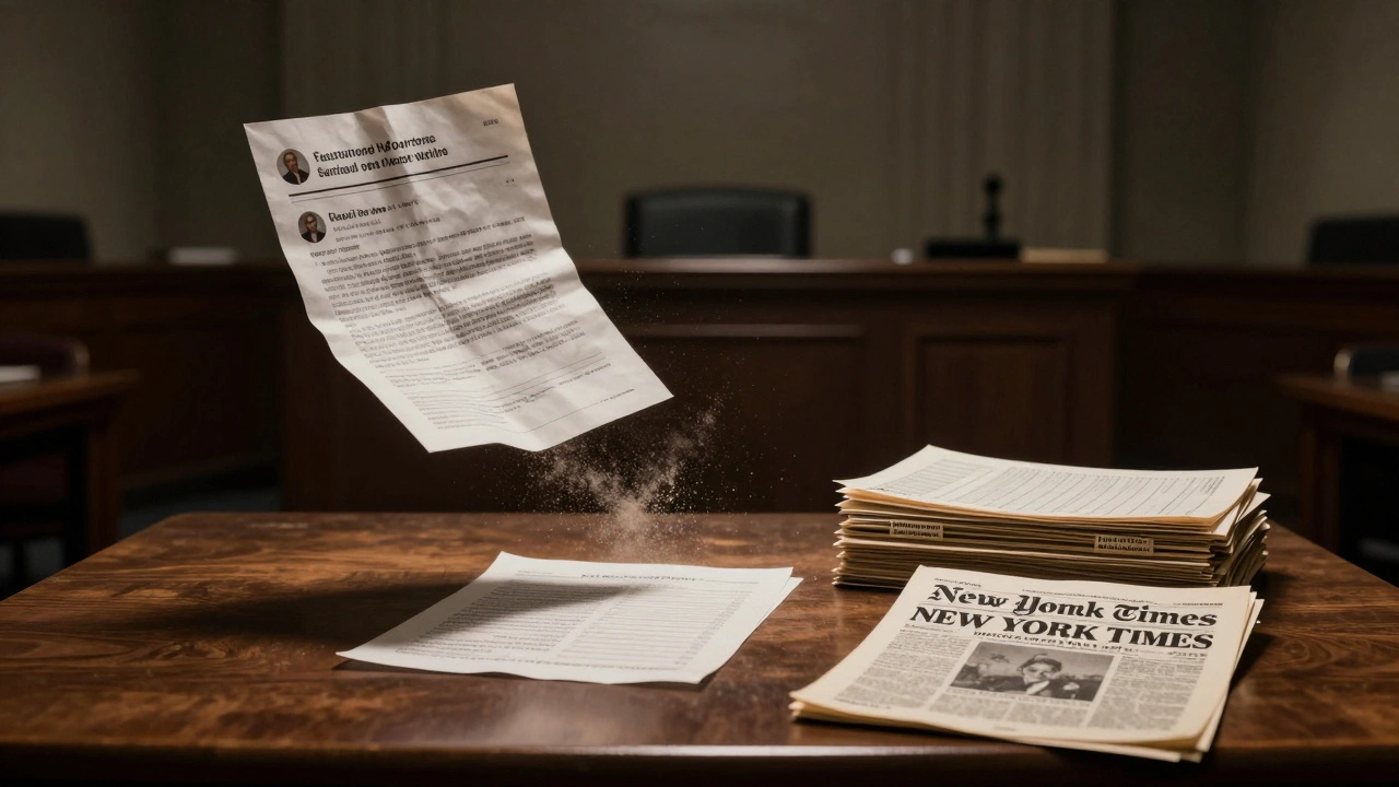 A courtroom scene with dissolving press releases versus archived official documents under a spotlight.