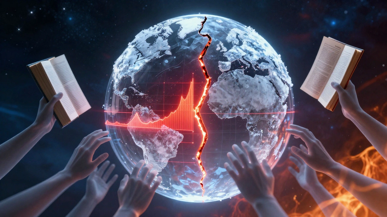 A cracked Arctic globe split between rising and stable temperature trends, with hands holding sources reaching toward it.