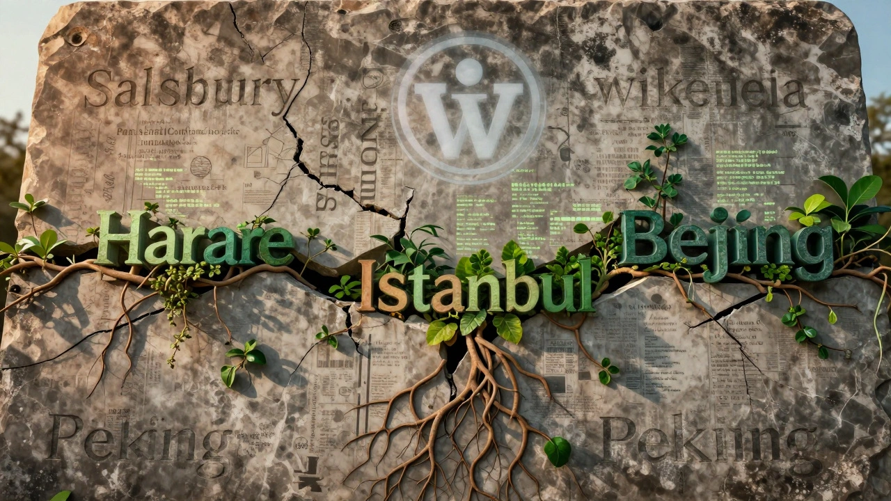 A cracked monument with colonial names is overtaken by new names growing as vines, intertwined with digital code and citations.