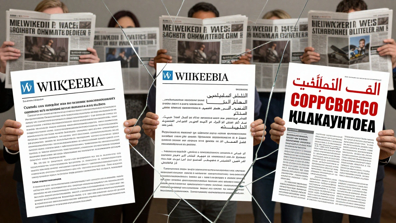A cracked Wikipedia article reflecting different language versions and manipulated content.