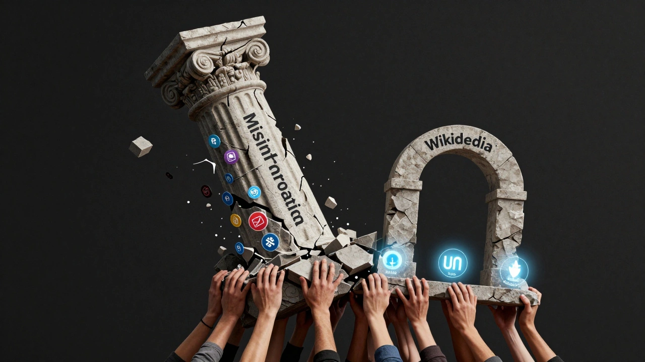 A crumbling pillar of misinformation falling beside a stable Wikipedia arch supported by trusted sources.