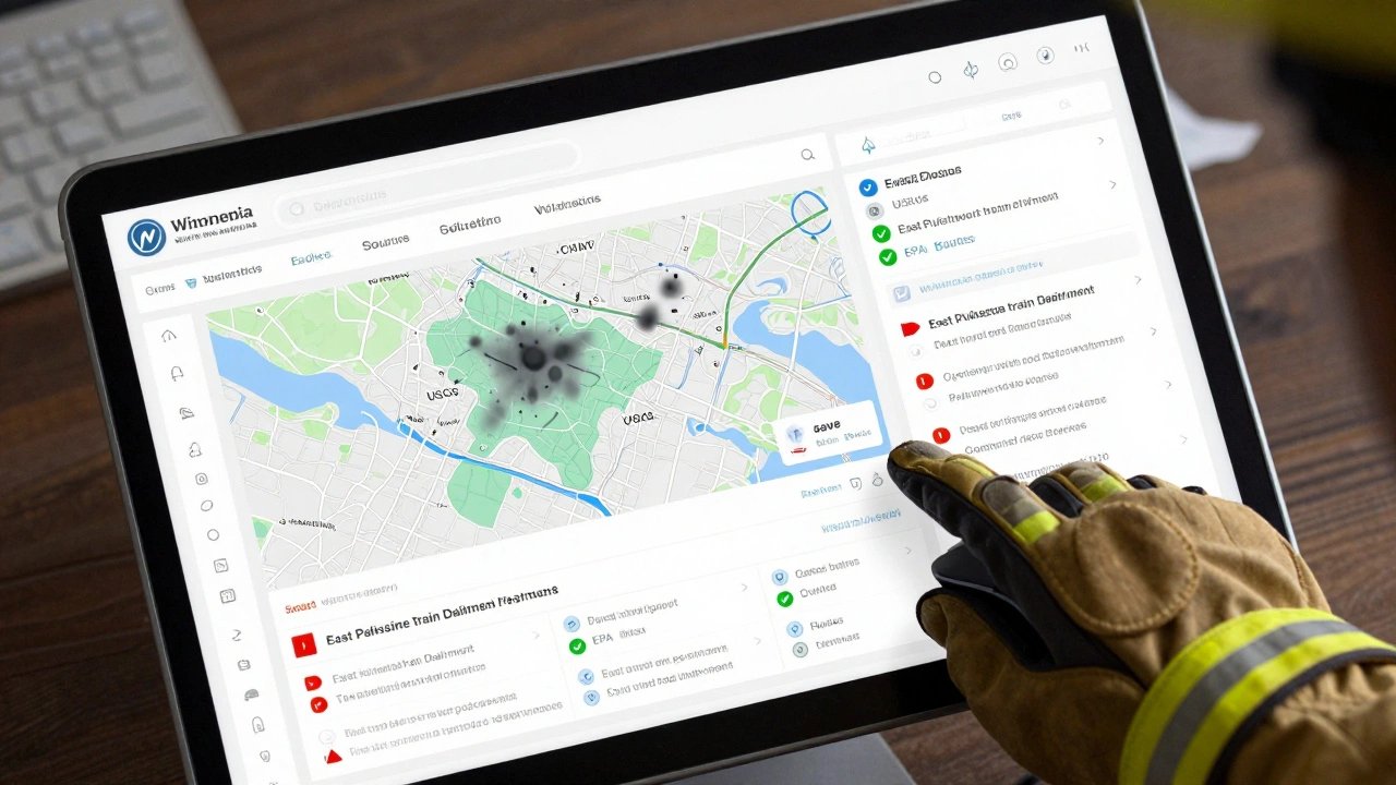 A digital dashboard showing real-time Wikipedia edits during a train derailment, with verified sources marked and false claims flagged.