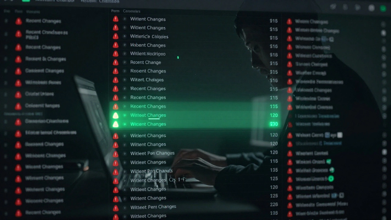 A digital feed of Wikipedia edits shows green-checked changes disappearing, while red-flagged edits remain visible.