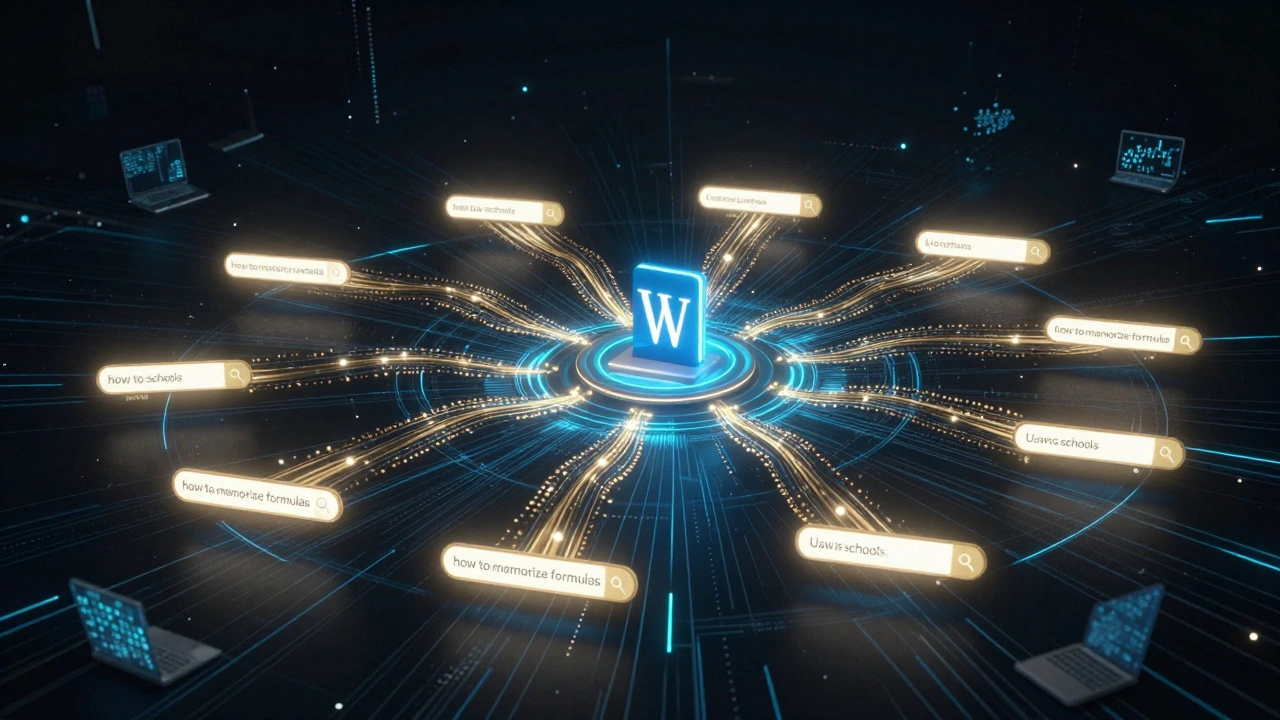 A digital network of schools pulsing with search queries flowing toward a Wikipedia server, visualizing educational search patterns.