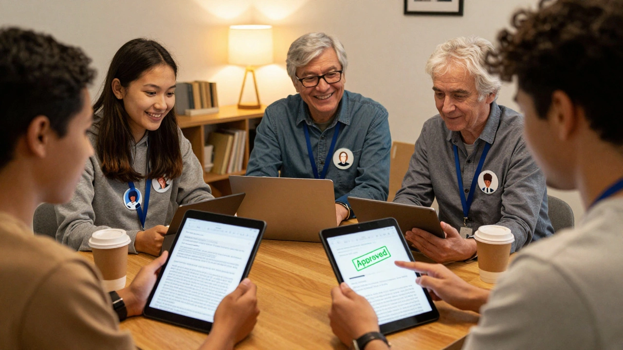 A diverse group of volunteers supporting new editors with positive feedback and recognition in a community setting.