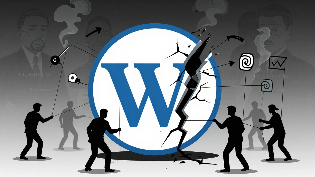 A fractured Wikipedia logo with shadowy puppet strings representing banned editors manipulating the system.