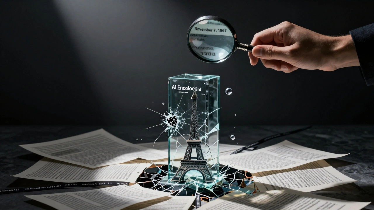 A fragile AI encyclopedia tower cracks under false facts, as a human hand examines one correct detail with a magnifying glass.