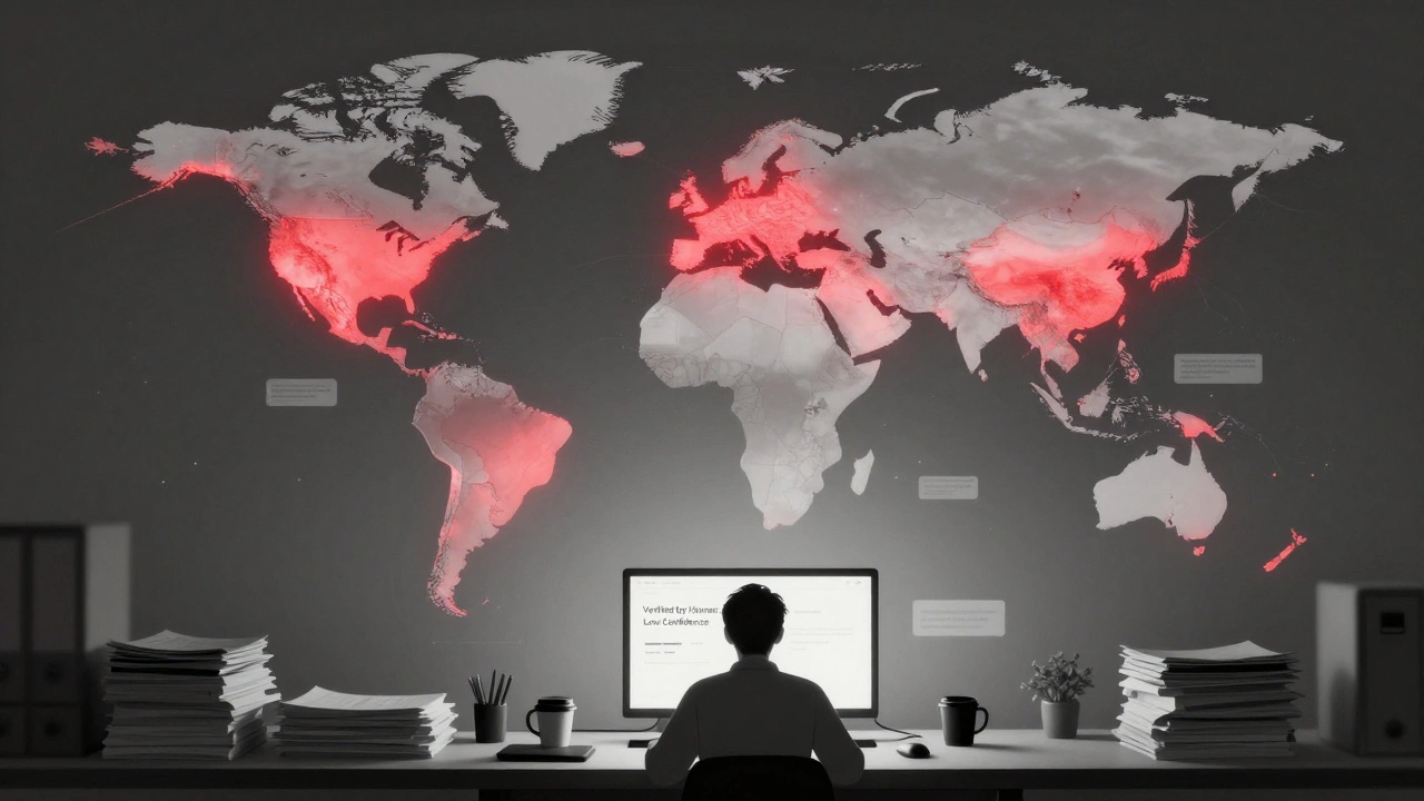 A global map showing AI-generated content dominance from Western nations, with a human editor reviewing a low-confidence warning.