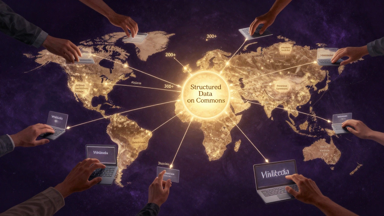 A global network of Wikipedia language editions connected by data flows, centered on a long-term project.