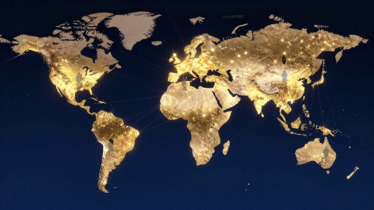 A glowing global map showing interconnected nodes of Wikipedia articles created by editors from the Global South.