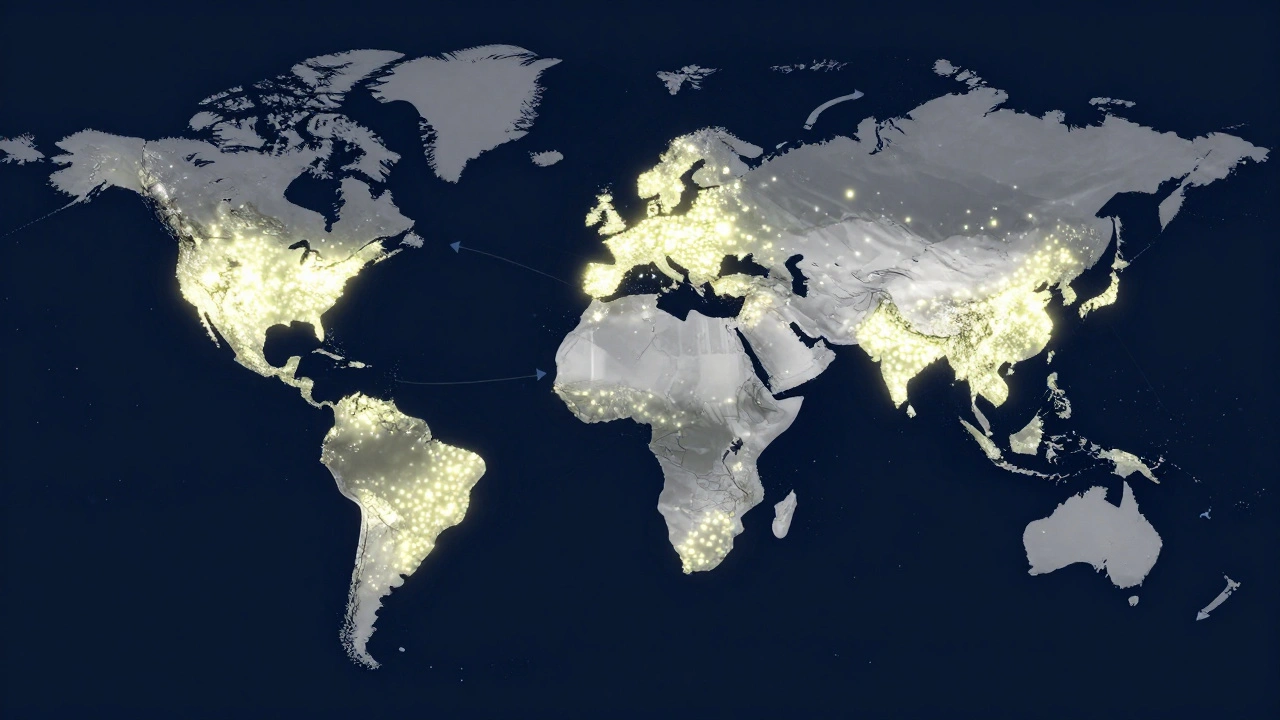 A glowing global map showing vibrant upload activity from the Global South, with fading dots in the Global North, representing shifting visual representation.