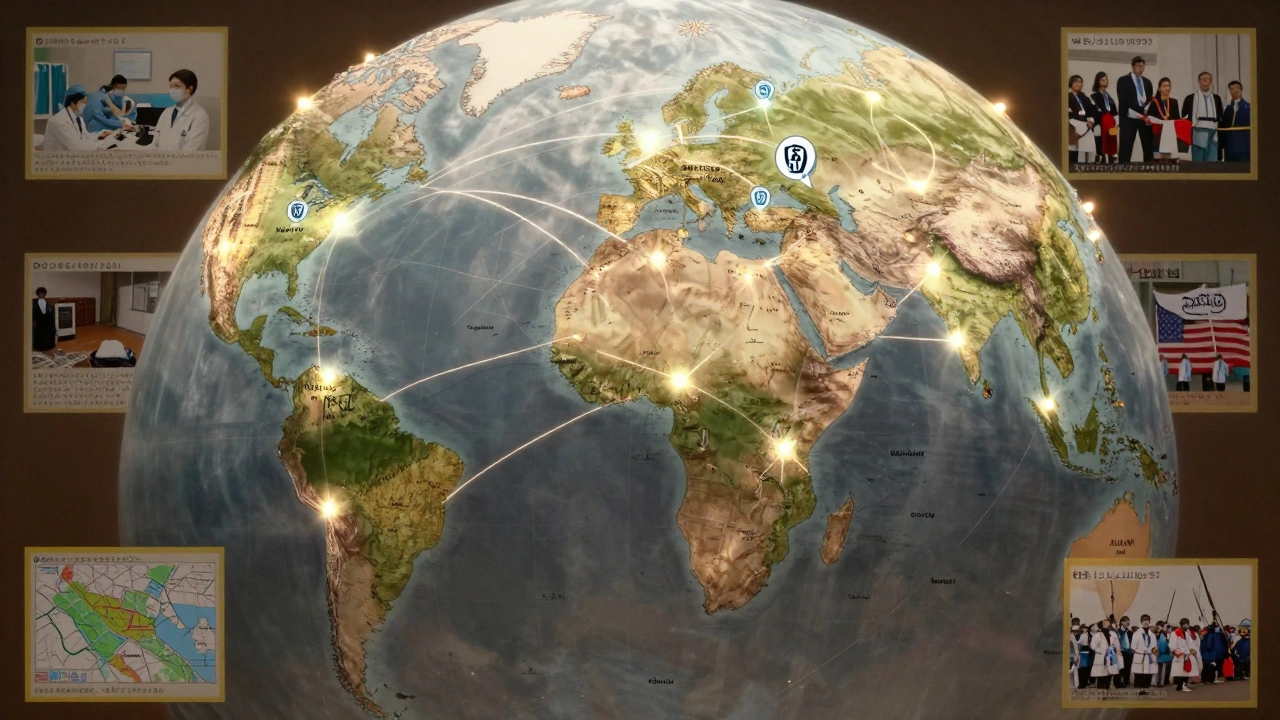 A glowing global map with interconnected Wikipedia language versions linking major cities affected by a worldwide event.