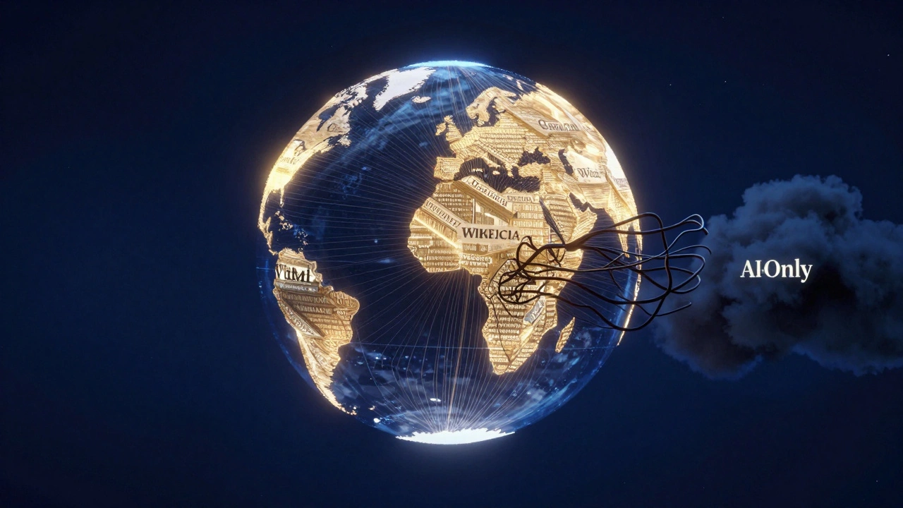 A glowing globe shows trusted human-reviewed knowledge spreading, while dark AI-only wires spread misinformation.