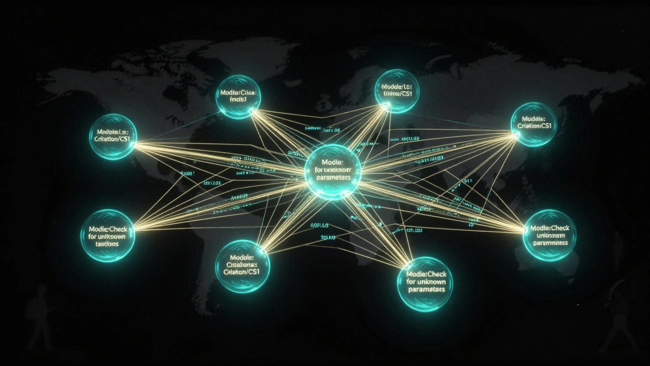 A glowing network of Wikipedia Lua modules linked by data streams in a dark cosmic space.
