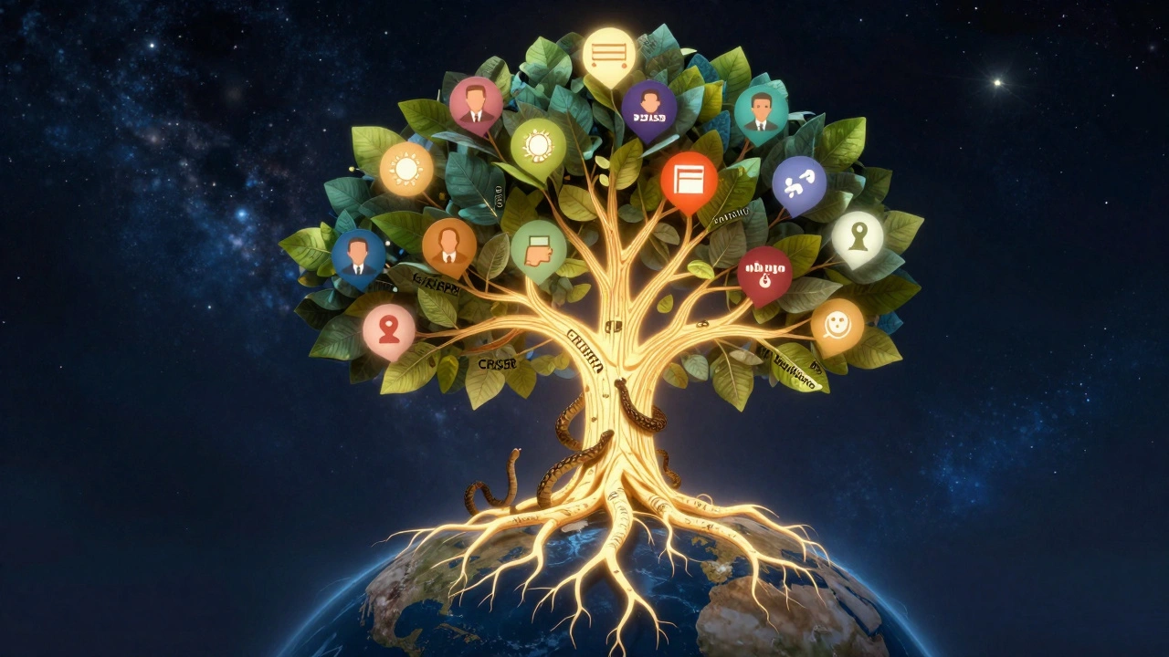 A glowing tree with Wikipedia article topics as branches, rooted in citations, fighting misinformation.