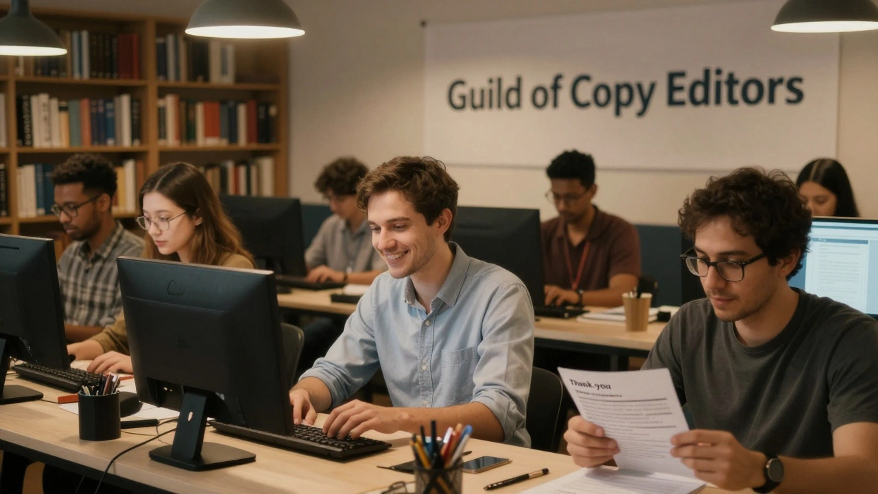 A group of volunteers working quietly together, celebrating a completed copyedit in a book-filled room.