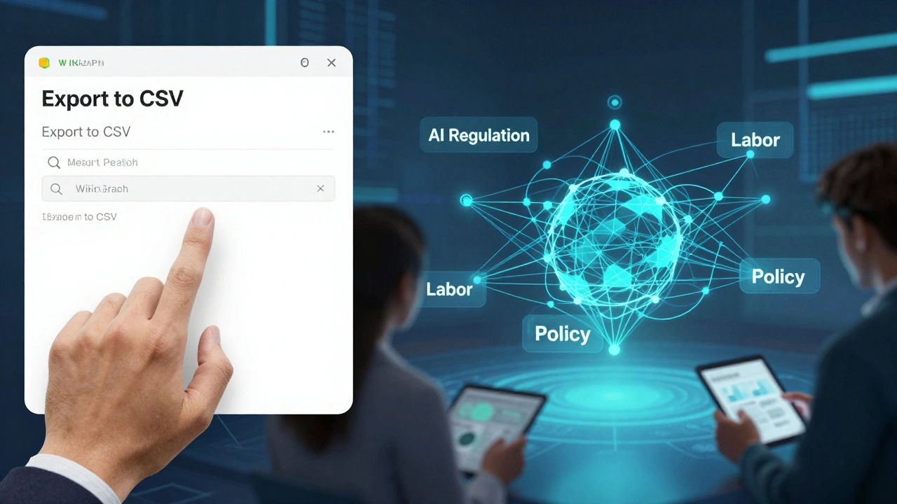 A hand exporting WikiGraph data that transforms into a floating 3D web of connected topics like AI Regulation and Labor.